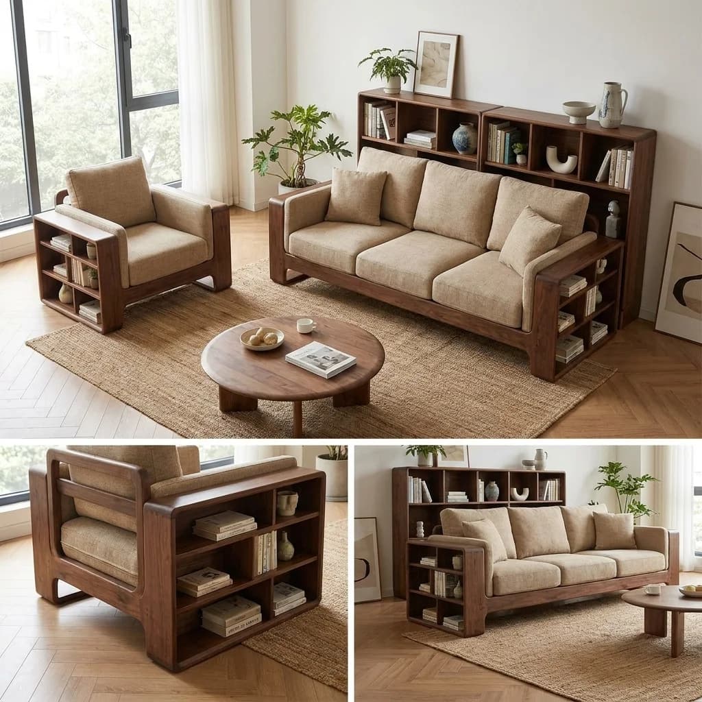 Sofa module kết hợp kệ sách — tay sofa thành chỗ chứa cho phòng khách nhỏ