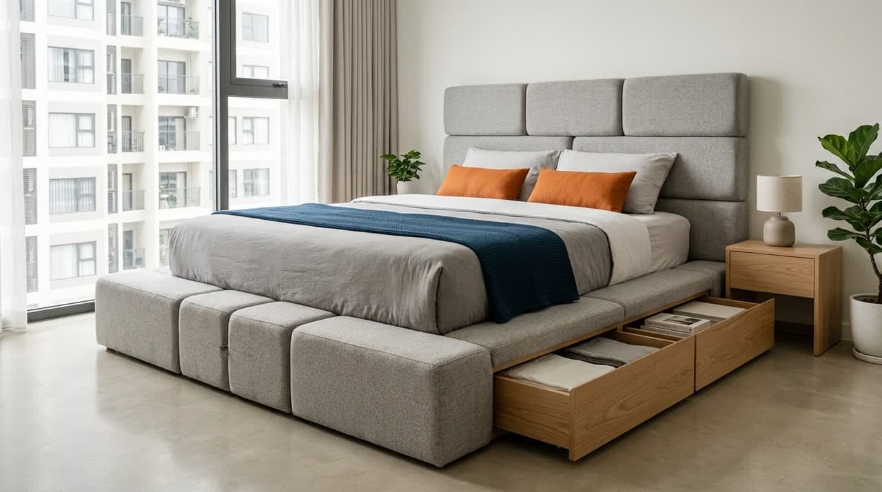 Giường module có ngăn chứa — tận dụng gầm giường cho căn hộ nhỏ