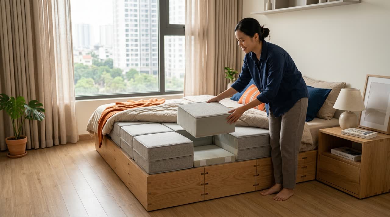 Nệm mua từng viên — thay đúng phần bị xẹp, lật mặt cứng mềm (BrickRest 7MODU)