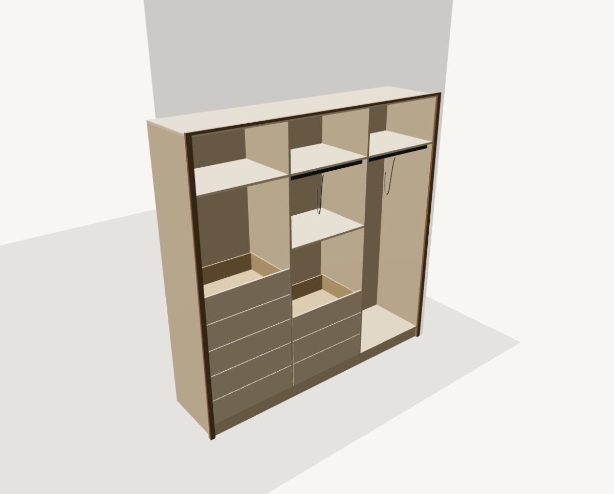 Bản vẽ 3D tủ quần áo 3 cột bỏ cánh, thấy rõ kệ, thanh treo và ngăn kéo